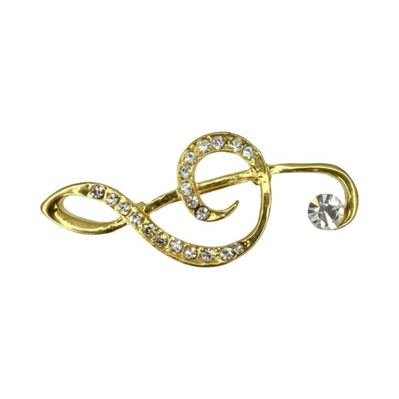 Vintage Crystal Music Note Brooch Pin 2", Gold-Tone, Elegant Treble Clef - Picture 6 of 10